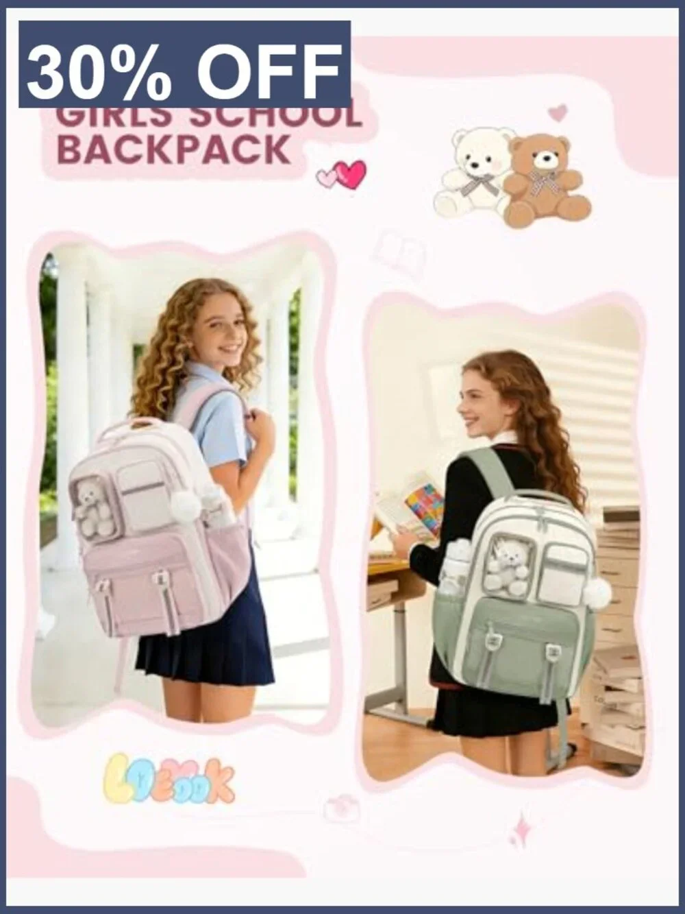 Girls School Backpack with Plush Bear, Fits 15.6